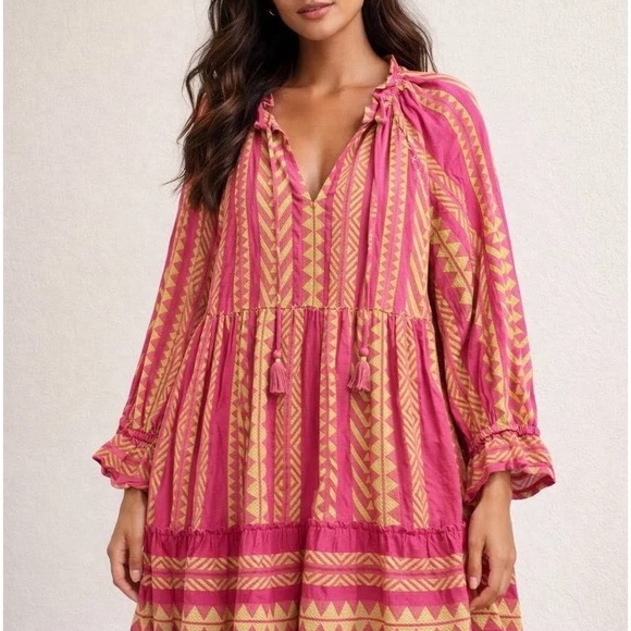 Anthropologie Dresses & Skirts - Anthropologie Maeve Pink Yellow Geometric Mini Dress Womens Oversized Tunic Boho